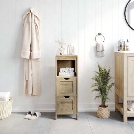 Flash Furniture Dune Farmhouse Bathroom Storage Organizer w/Two Removable Drawers and Open Display Shelf in Brown FS-BATH-4-BR-GG